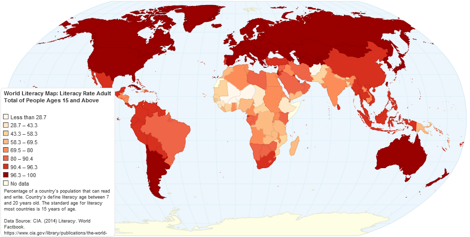 World Literacy Rates of Adults Age 15+ (2014)